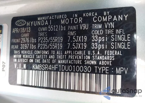 2013 Hyundai Santa Fe Limited z USA, uszkodzony, nr VIN KM8SR4HF1DU010030